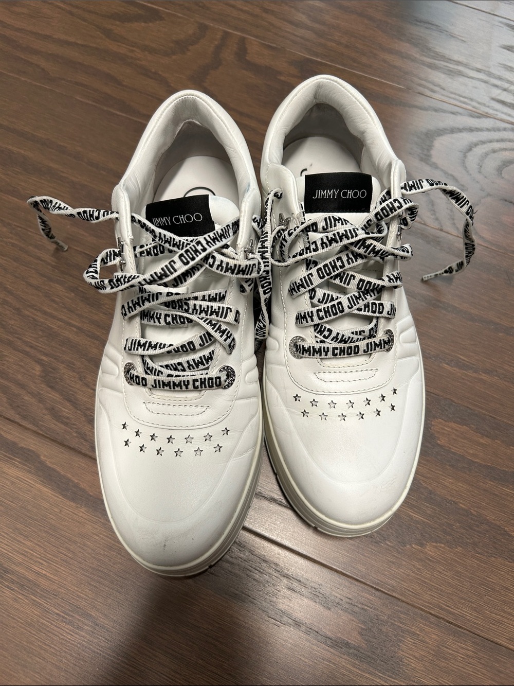 Jimmy Choo White Leather Logo Lace-Up Sneakers with Star Perforation